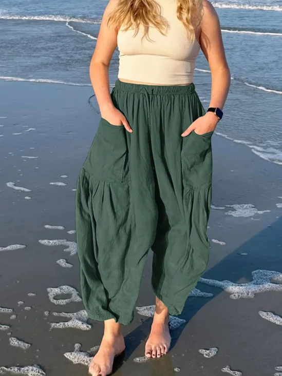 Women's  Elastic Waist H-Line Harem Pants Daily Going Out Pants Green Casual Split Joint Plain Spring/Fall Pants