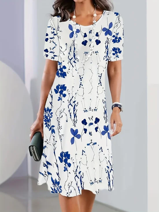 Women's Short Sleeve Summer White Floral Printing Crew Neck Daily Going Out Vintage Midi H-Line Tunic Dress