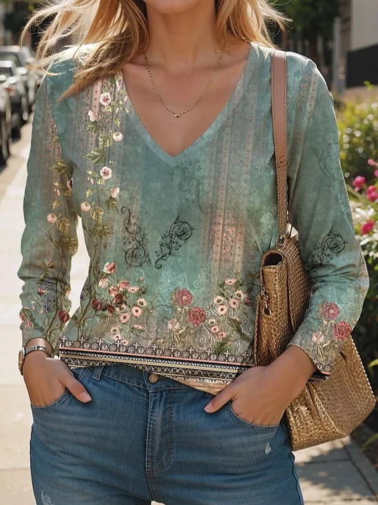 Print Casual V Neck Long Sleeve T-Shirt