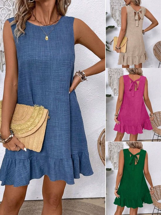 Cotton Plain Simple Crew Neck Dress With No