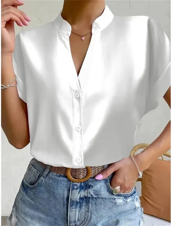 Women's V-neck button-down short-sleeved shirt