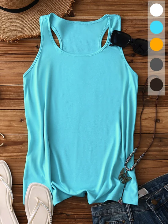 Women's Sleeveless Tank Top Summer Lake Blue Plain Cotton Stand Collar Daily Going Out Simple Top