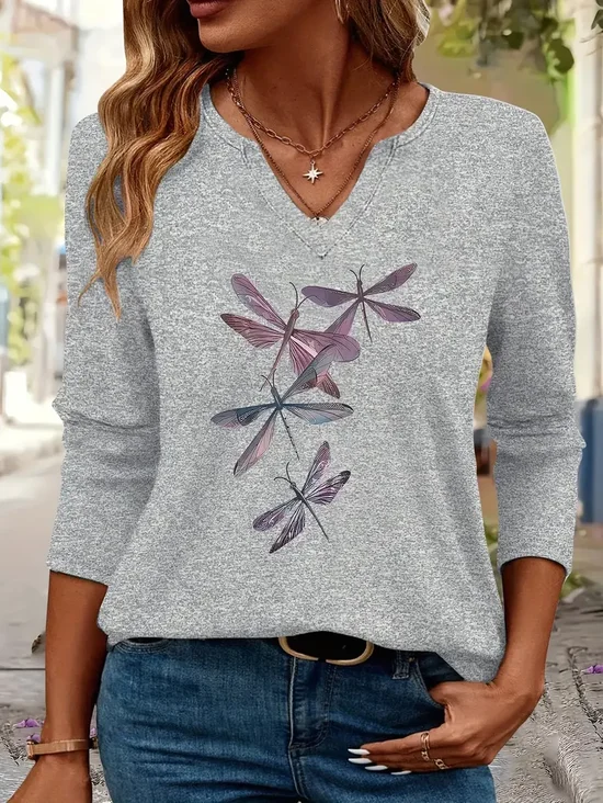 Print Casual V Neck Long Sleeve T-Shirt