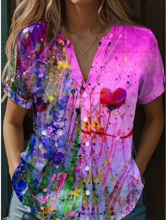 Women's V-Neck Button-Down Short-Sleeved Shirt