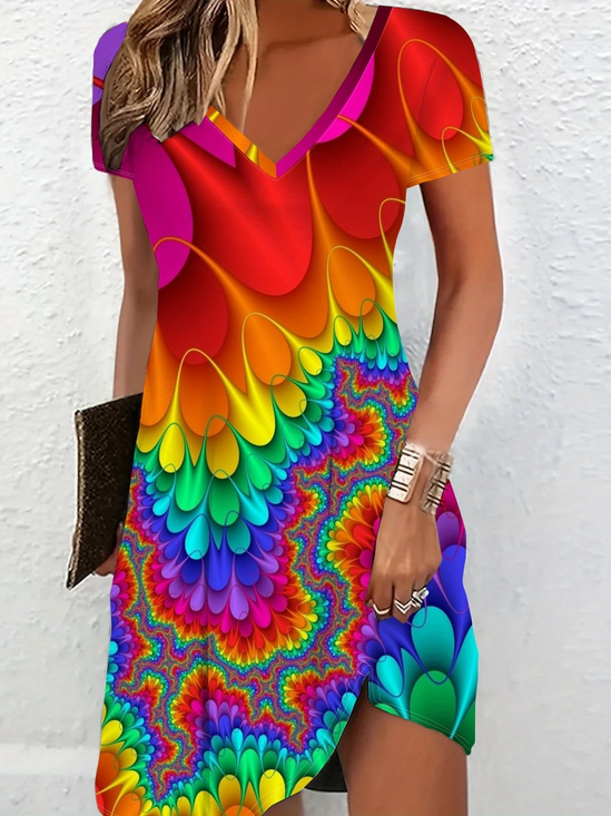 Women's Short Sleeve Summer As Picture Abstract V Neck Daily Going Out Casual Midi A-Line Fit & Flare Dress Dress