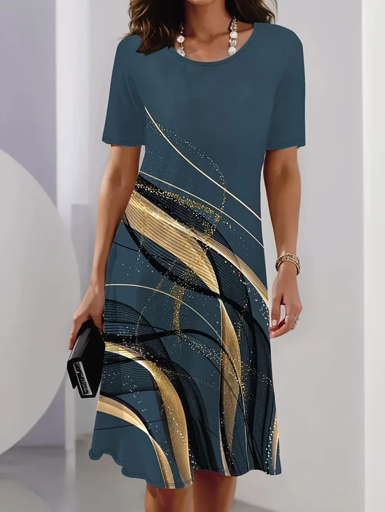 Women's Short Sleeve Summer Deep Blue Abstract Printing Crew Neck Daily Going Out Vintage Midi H-Line Tunic Dress