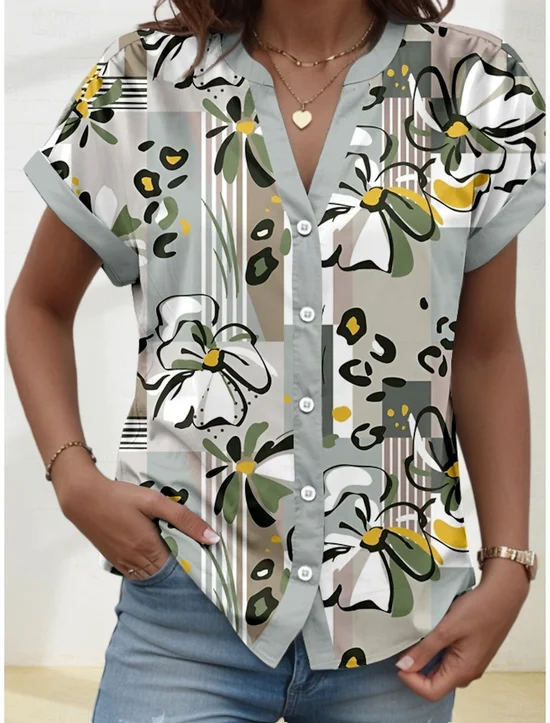 Women's V-Neck Button-Down Short-Sleeved Shirt