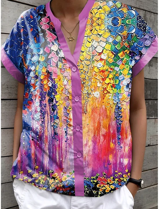 Women's V-Neck Button-Down Short-Sleeved Shirt