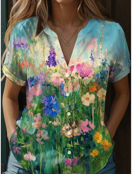 Women's V-Neck Button-Down Short-Sleeved Shirt