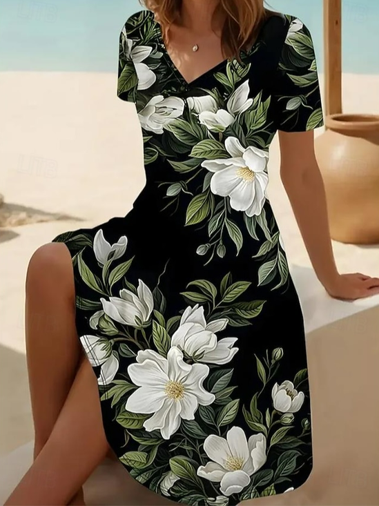 Women's Short Sleeve Summer Black Floral Printing V Neck Daily Going Out Casual Midi A-Line Fit & Flare Dress Dress