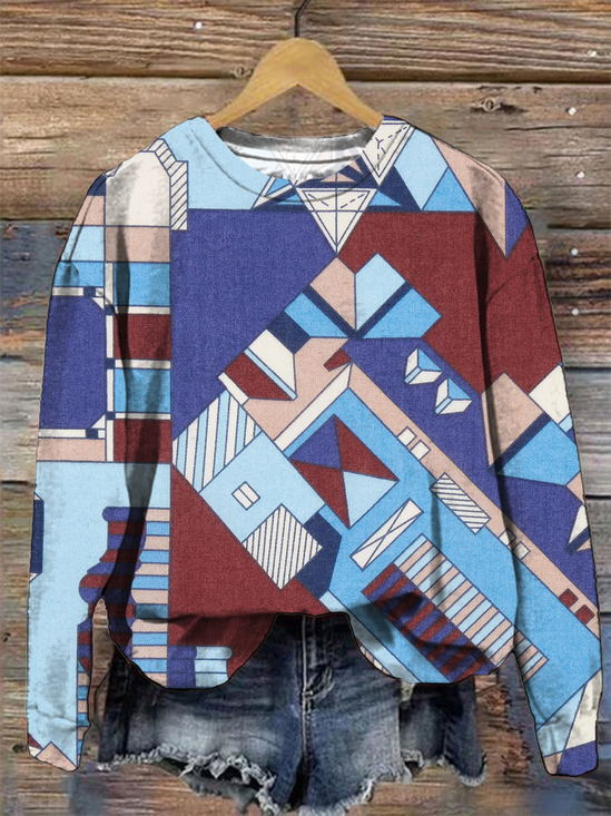 Crew Neck Geometric Loose Vintage Sweatshirt