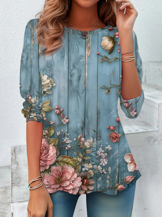 Women's Floral Print Casual Crew Neck Long Sleeve Tunic Waist Tee