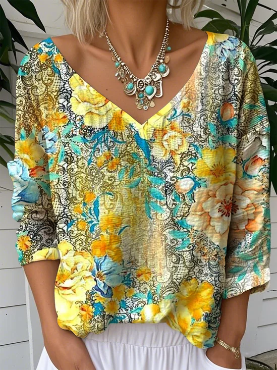 Print Casual V Neck Long Sleeve T-Shirt