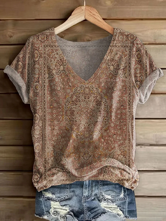 Women's Short Sleeve T-shirt Summer Khaki Floral Printing V Neck Daily Going Out Casual Top