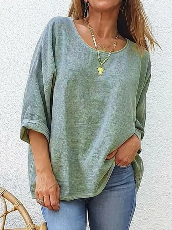 Women's Three Quarter Sleeve T-shirt Spring/Fall White Plain Crew Neck Daily Going Out Casual Top