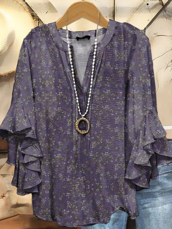 Women's Half Sleeve Shirt Summer Purple Floral Printing V Neck Daily Going Out Casual Top