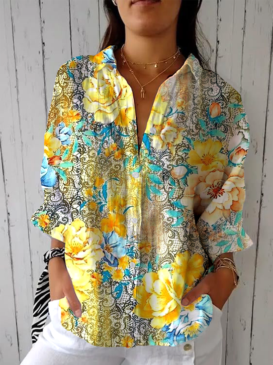 Women's Retro Printed Mid-Sleeve Shirt