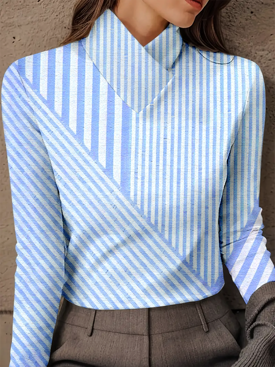 Women's Long-Sleeved High-Neck Striped Patchwork Top