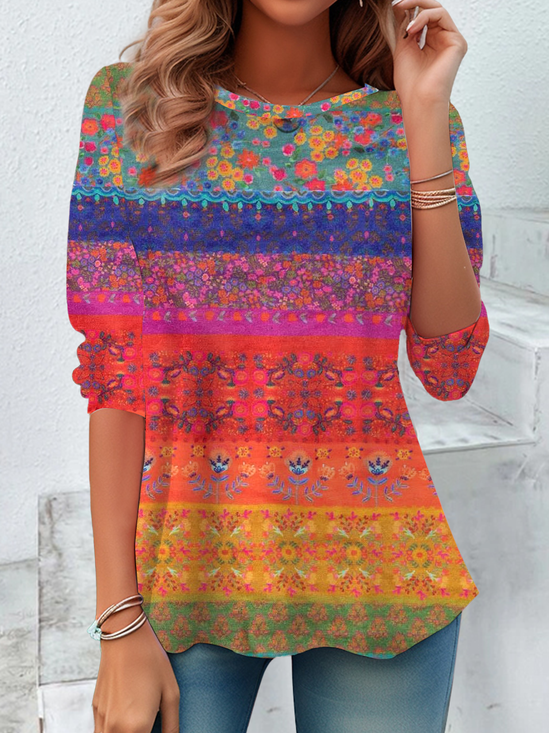 Women's Floral Print Casual Crew Neck Long Sleeve Tunic Waist Tee