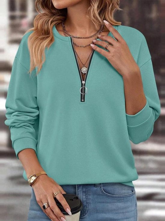 Women's Solid Color Long Sleeve Front Center Zipper Sweatshirt