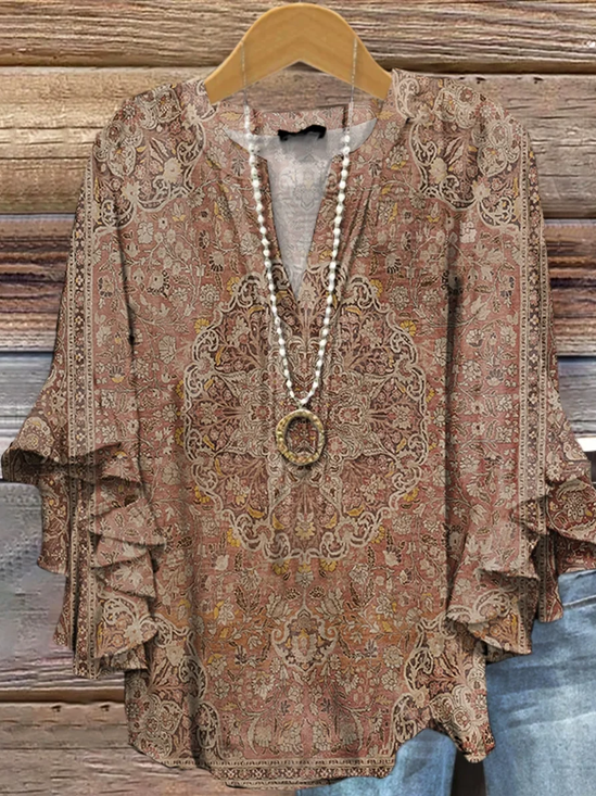 Women's Half Sleeve Shirt Summer Light Brown Floral Printing V Neck Daily Going Out Casual Top