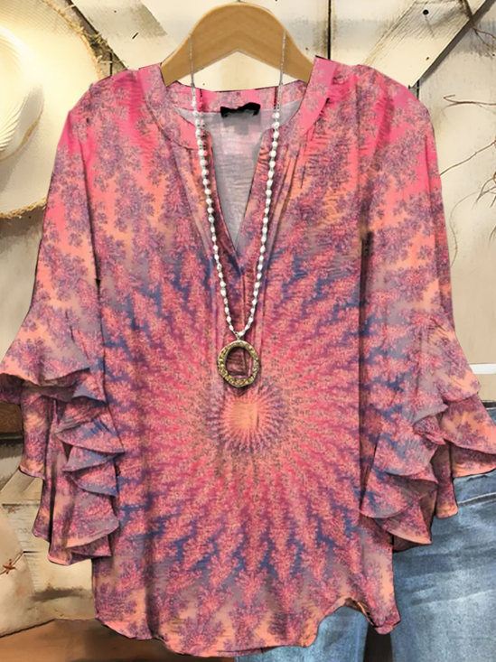 Women's Half Sleeve Shirt Summer Pink Tie-Dye Pattern Printing V Neck Daily Going Out Casual Top