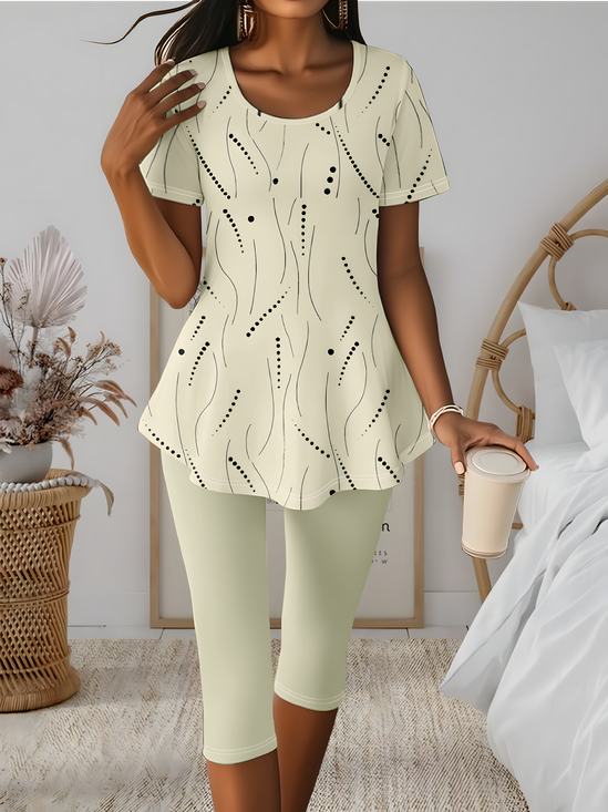 Abstract Polka Dots Crew Neck Casual Two-Piece Set
