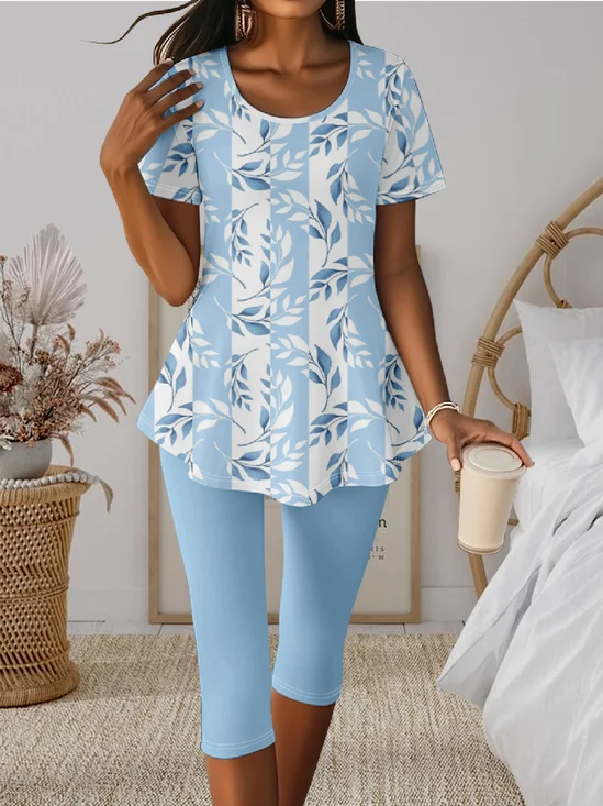 Crew Neck Regular Fit Floral Casual Two-Piece Set
