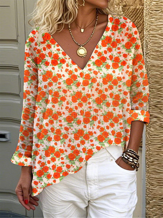 Print Casual V Neck Long Sleeve T-Shirt