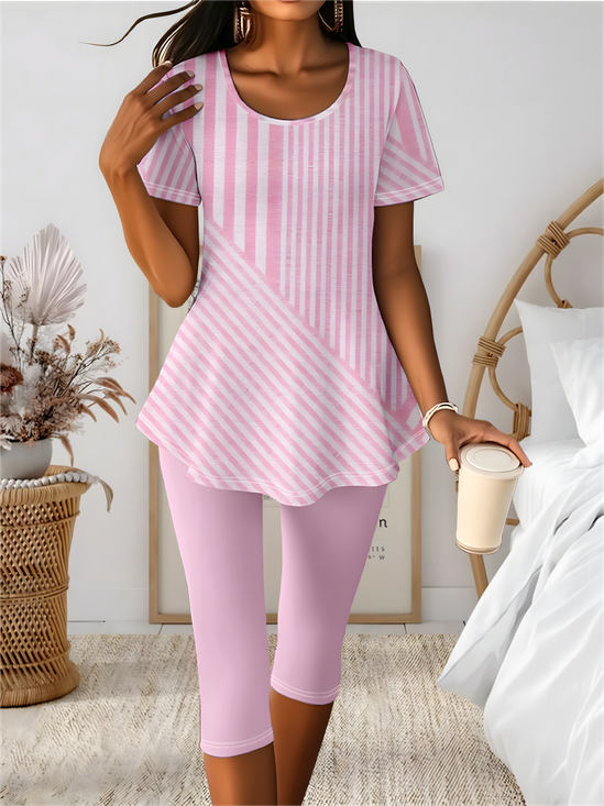 Regular Fit Crew Neck Casual Striped Two-Piece Set
