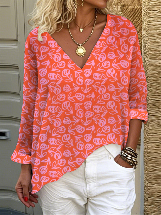 Print Casual V Neck Long Sleeve T-Shirt