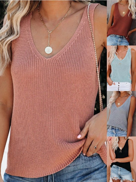 Women's Sleeveless Tank Top Summer Gray Plain Hollow Out Cotton V Neck Daily Going Out Simple Top