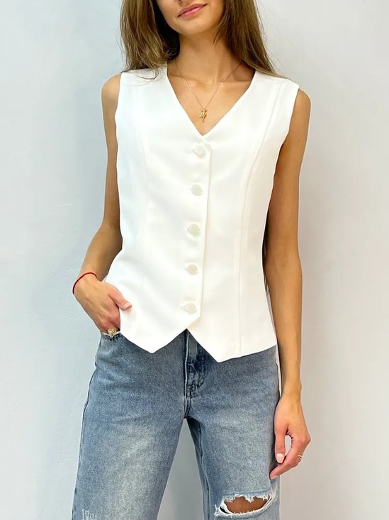 Women's Sleeveless Tank Top Summer White Plain Buckle V Neck Daily Going Out Simple Top