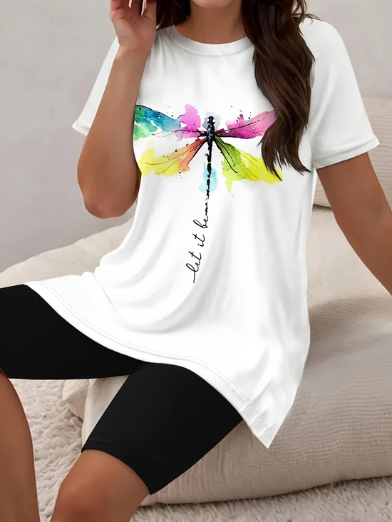 Women's Printing Dragonfly Daily Going Out Two-Piece Set Black-white Casual Summer Top With Pants Matching Set