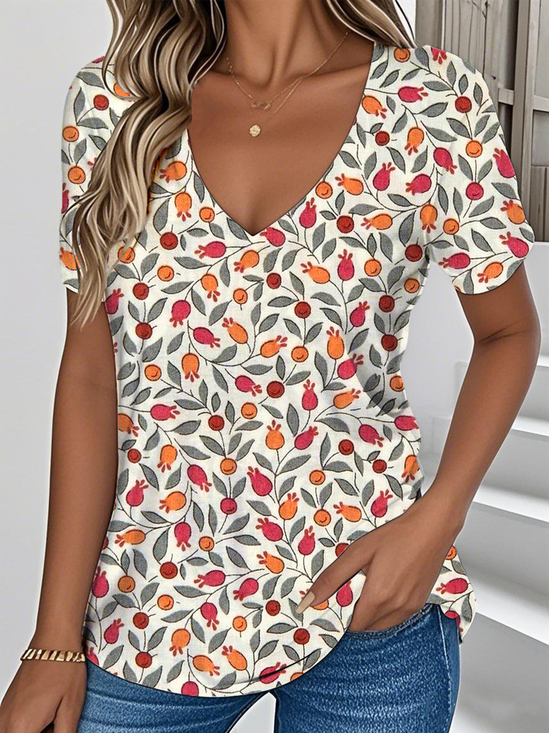 Print Casual V Neck Short Sleeve T-Shirt