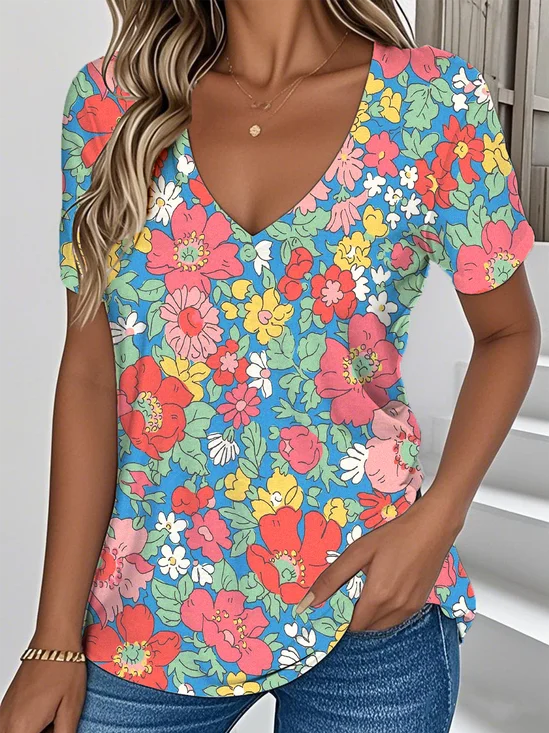 Print Casual V Neck Short Sleeve T-Shirt