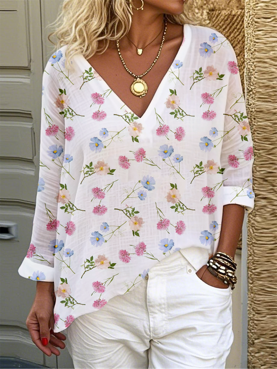 Print Casual V Neck Short Sleeve T-Shirt