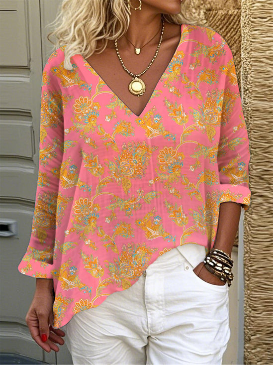 Print Casual V Neck Long Sleeve T-Shirt