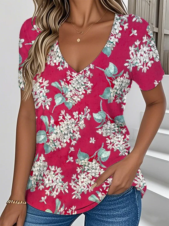 Print Casual V Neck Short Sleeve T-Shirt