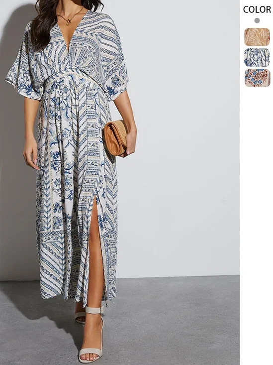 Women's Short Sleeve Summer white-blue Floral Split Joint V Neck Daily Going Out Vintage Maxi A-Line Tank Dress