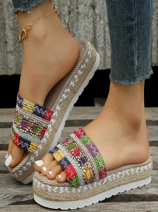 New Ethnic Style Slippers For Women Hemp Rope Gold Line Geometric Thick Bottom Platform Slippers
