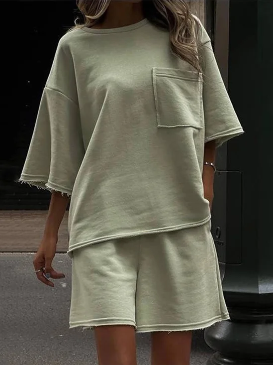 Casual Plain Crew Neck Two-Piece Set