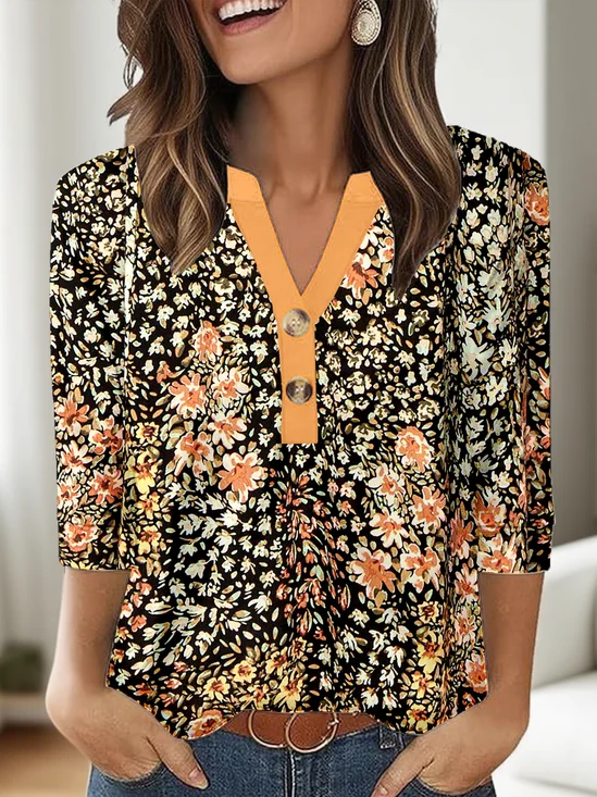 Simple Floral Loose V Neck T-Shirt