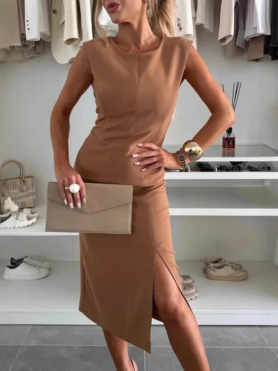 Women's Short Sleeve Summer Red Plain Split Joint Crew Neck Daily Going Out Casual Midi A-Line Tank Dress