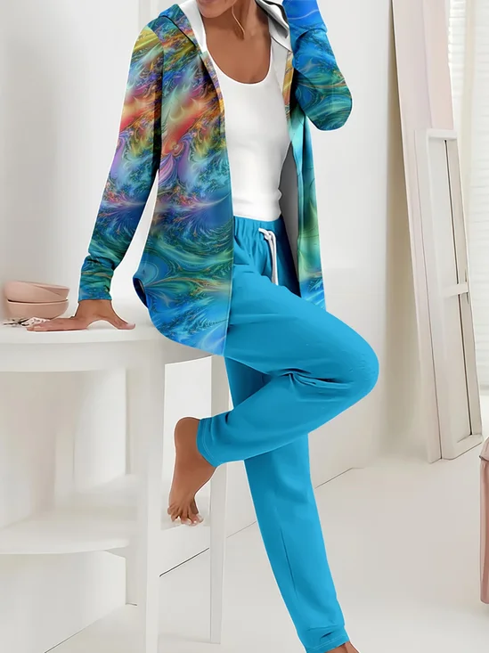 Women's Abstract Print Hooded Zip-Up Jacket and Casual Pants 2-Piece Set