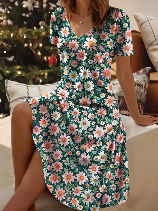 Women's Short Sleeve Summer Green Floral Printing V Neck Daily Going Out Casual Midi A-Line Fit & Flare Dress Dress