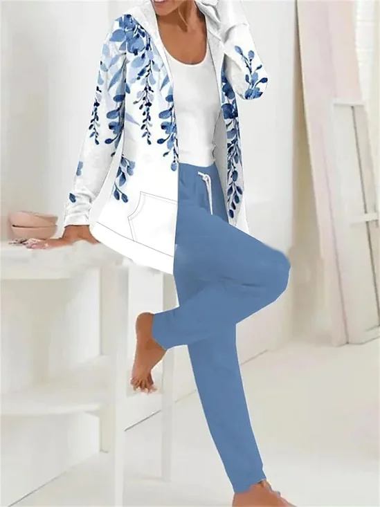 Women's Printing Floral Daily Going Out Two-Piece Set Blue Casual Spring/Fall Coat With Pants Matching Set