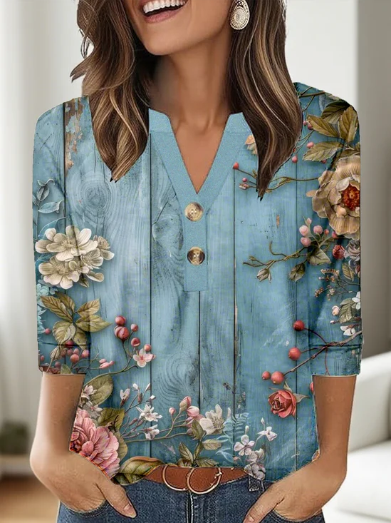 V Neck Cotton Loose Simple T-Shirt