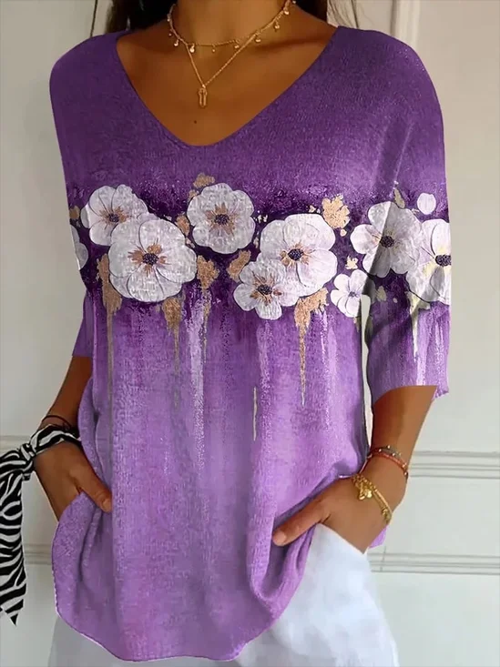 Women's Alzheimer's Disease Floral Print V-Neck T-Shirt