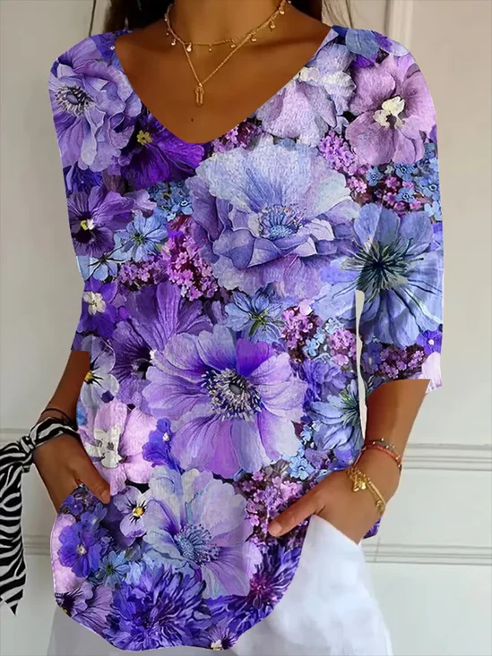 Women's Alzheimer's Disease Floral Print V-Neck T-Shirt